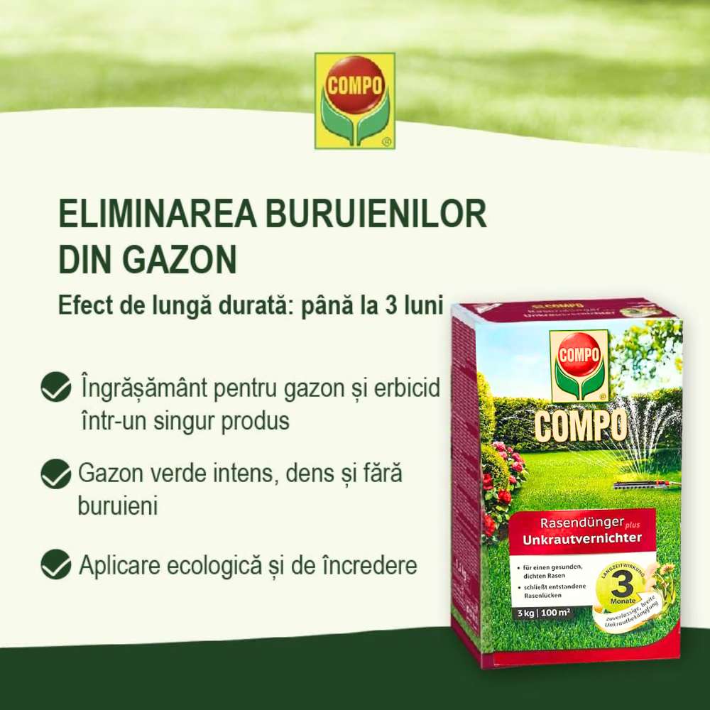 Ingrasamant Erbicid pentru Gazon, 3 kg, Ingrijirea Gazonului si Combaterea Buruienilor intr-un Singur Produs, Compo