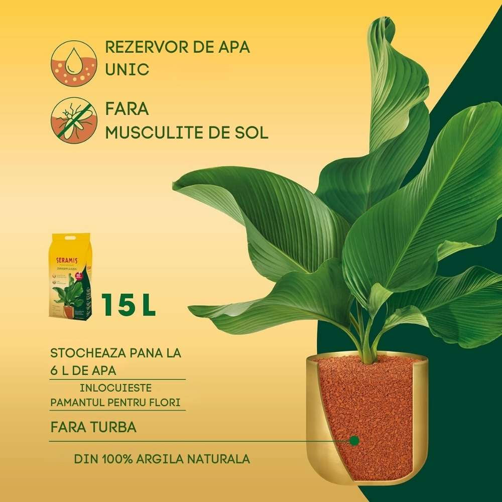 Granule argila SERAMIS pentru plante in ghiveci, substrat alternativ pentru flori, plante verzi si ierburi, 15 l, cu 2 tratamente nutritive incluse