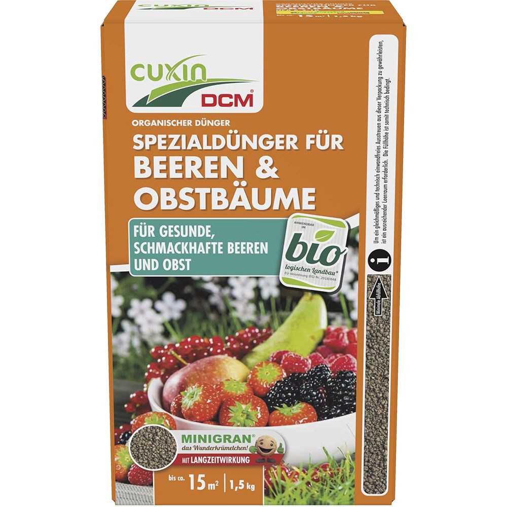 Ingrasamant organic pentru fructe de padure si pomi fructiferi CUXIN DCM, tehnologie MINIGRAN, fertilizant cu eliberare lentă - 1.5 kg, pentru 100 mp