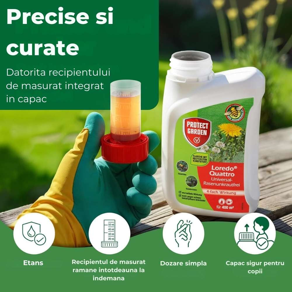 Erbicid selectiv PROTECT GARDEN Loredo Quattro pentru gazon, combatere buruieni cu frunza lata, 400 ml