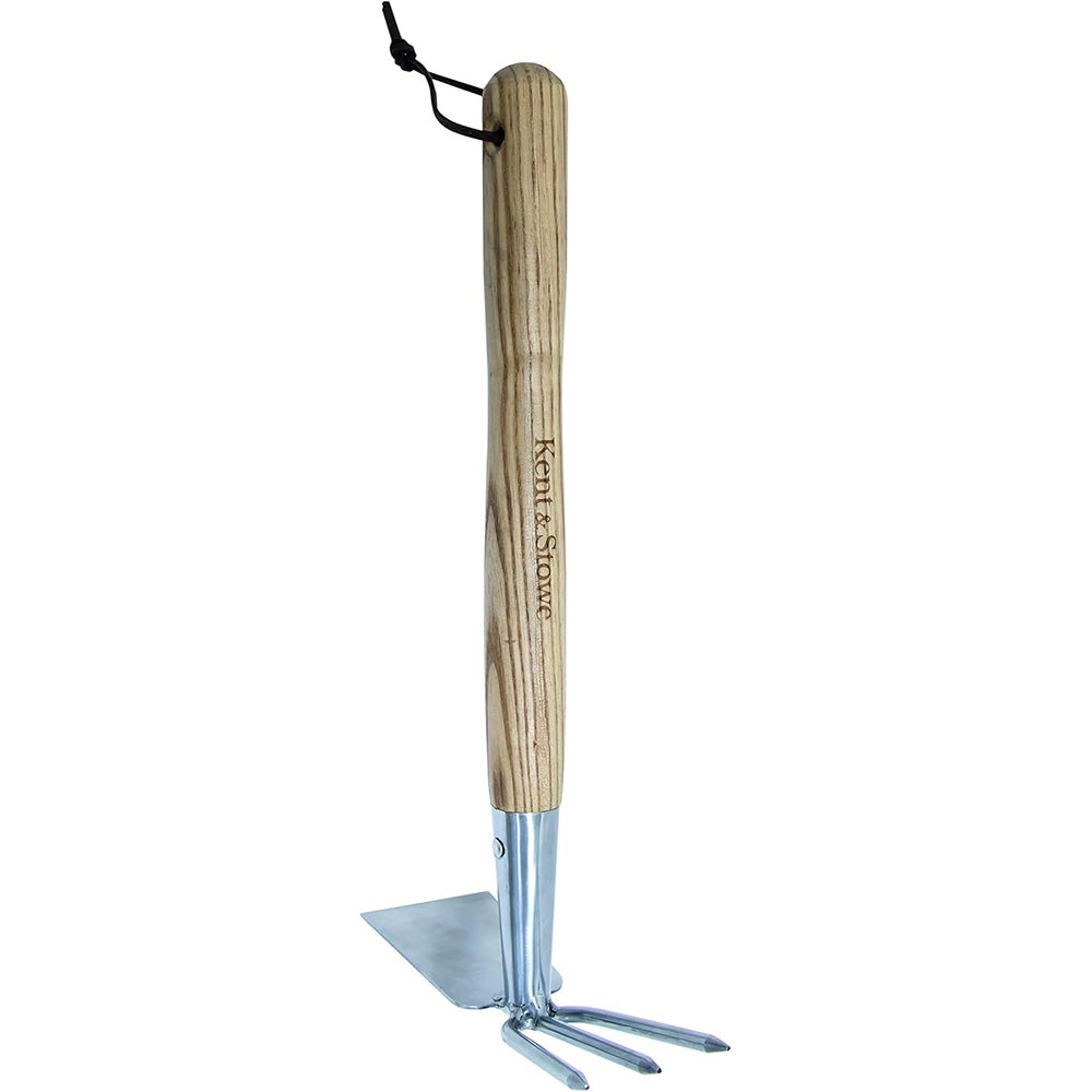 Sapa dubla KENT & STOWE din otel inoxidabil, pentru afanare sol si plivit, maner din frasin 37 cm, 15 ani garantie