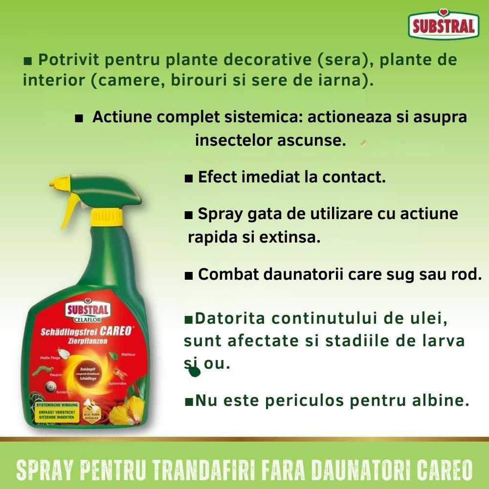 Spray plante ornamentale SUBSTRAL Careo, insecticid sistemic impotriva afidelor, paduchilor lanosi, musculitei albe si omizilor, 800 ml