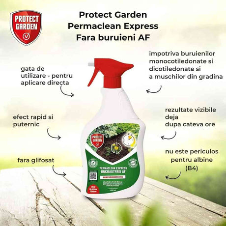 Spray herbicid total fara glifosat PROTECT GARDEN Permaclean Express, gata de utilizare, actiune rapida, anti buruieni alge si muschi, 10 mp, 1 l