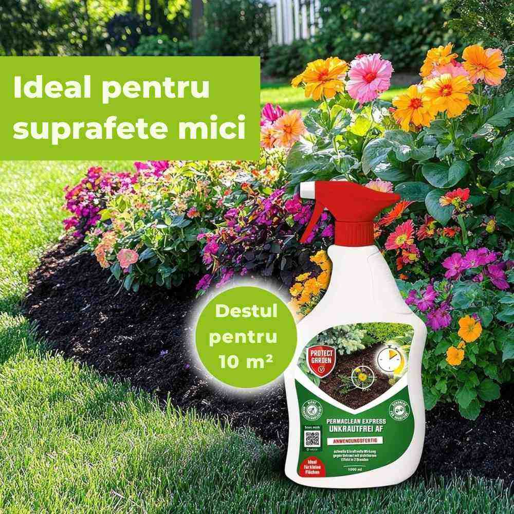Spray herbicid total fara glifosat PROTECT GARDEN Permaclean Express, gata de utilizare, actiune rapida, anti buruieni alge si muschi, 10 mp, 1 l