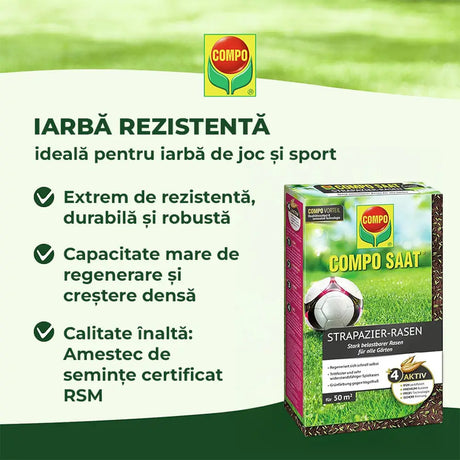 Compo seminte gazon rezistent trafic intens 2 kg pentru 100 mp – amestec profesional pentru gazon de sport si joaca