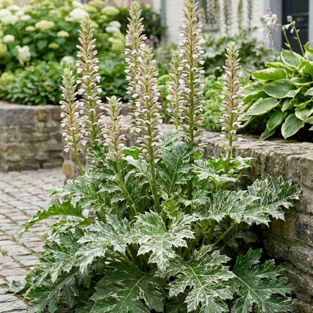 Acanthus Whitewater, planta perena variegata cu frunze decorative si flori elegante albe-roz