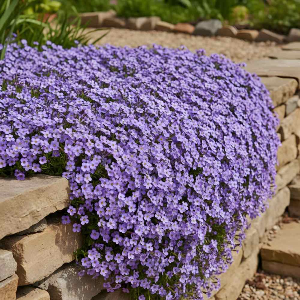 Aubrieta (Campanula) Blue Emperor, taratoare, autoextindere naturala, cu flori albastru-violet, perena tapetanta, semivesnic verde, pentru stancarii si borduri
