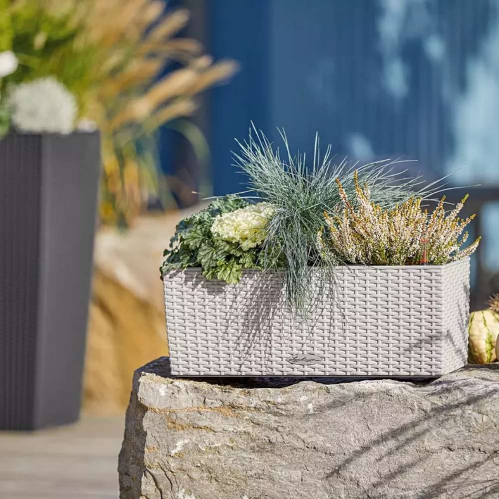 Ghiveci Auto-Irigant Lechuza Balconera Cottage 50, 8 l, efect de ratan gri deschis, sistem de autoirigare, insert detasabil, strat de drenaj