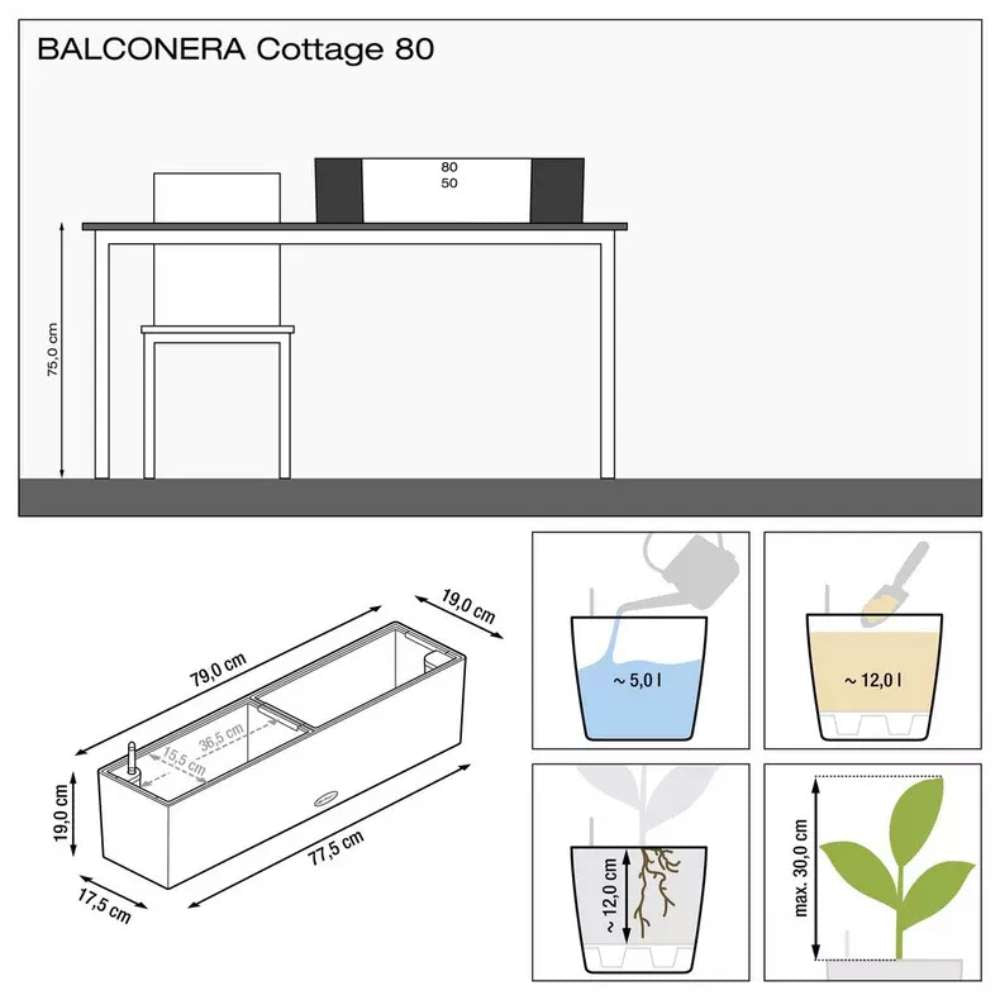 Ghiveci Auto-Irigant Lechuza Balconera Cottage 80, 12 l, efect de ratan gri, sistem de autoirigare, insert detasabil, strat de drenaj
