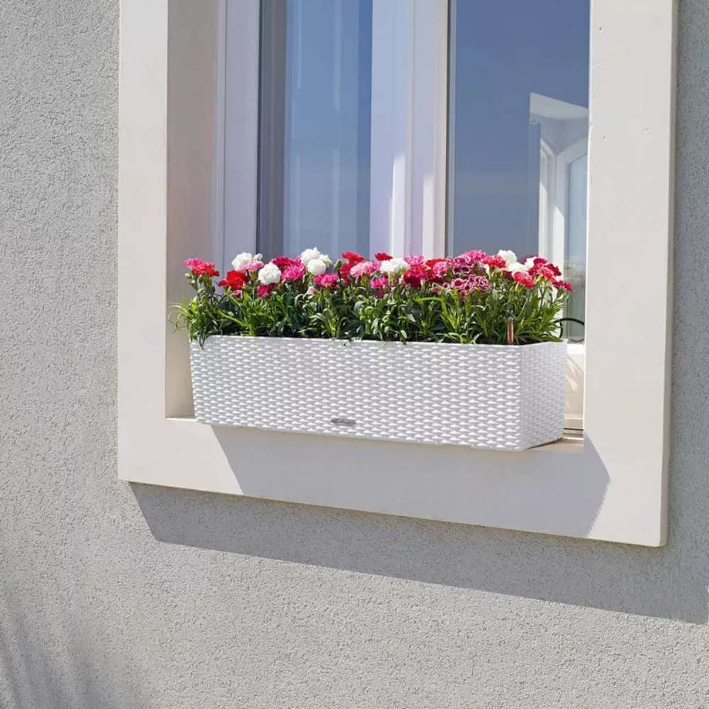 Ghiveci Auto-Irigant Lechuza Balconera Cottage 80, 12 l, efect de ratan alb, sistem de autoirigare, insert detasabil, strat de drenaj