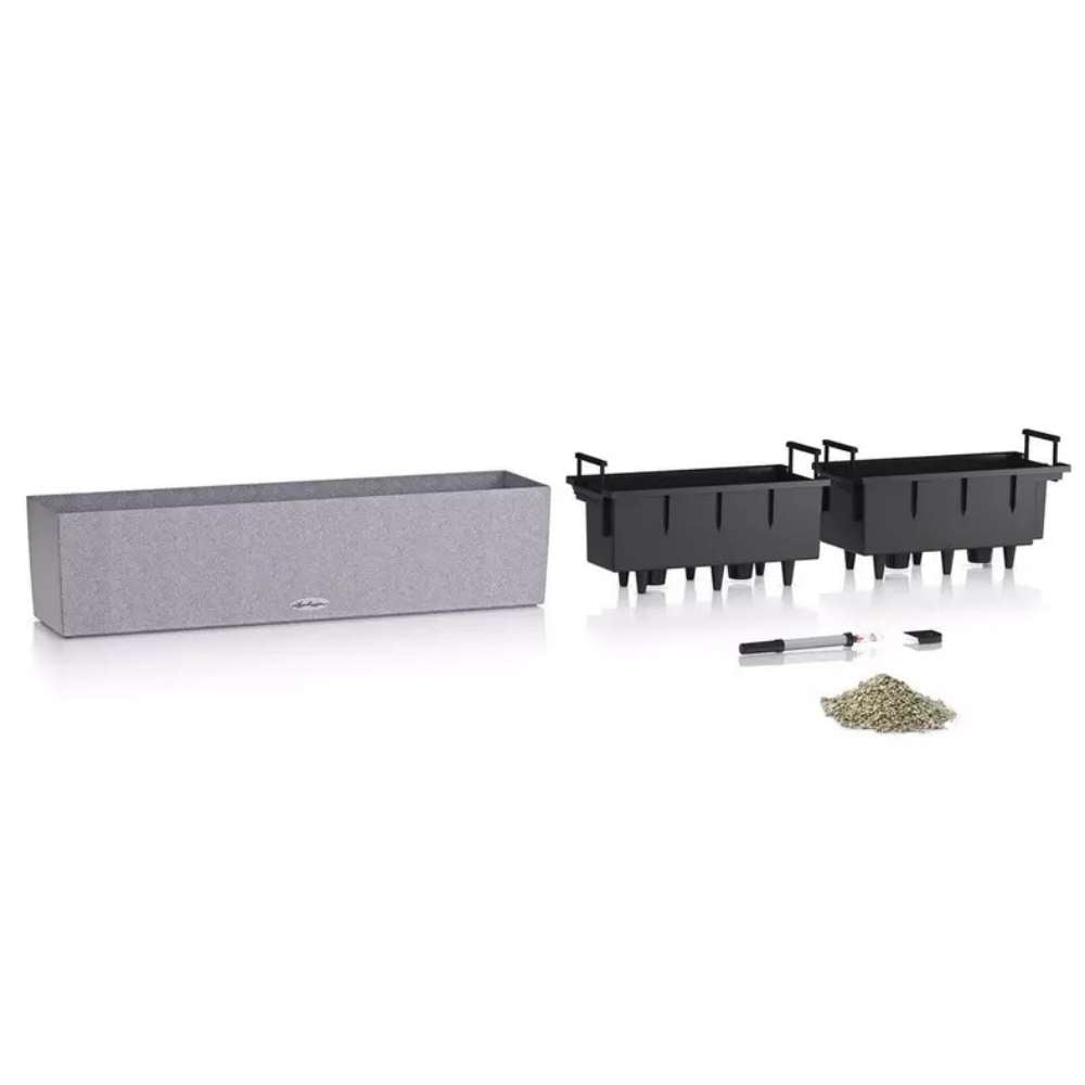 Ghiveci Auto-Irigant Lechuza Balconera Stone 80, 12 l, cu efect de piatra gri, sistem de autoirigare, insert detasabil, strat de drenaj