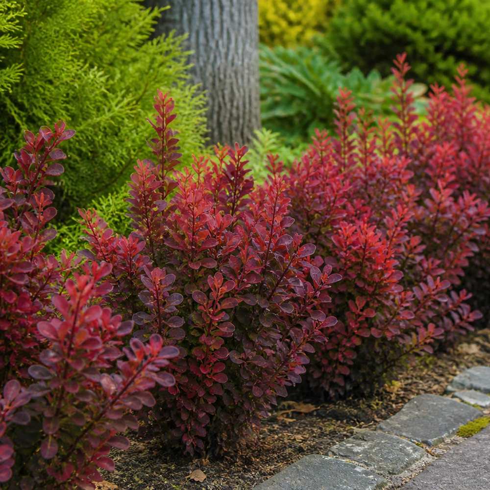 Dracila Berberis Japoneza rosu Red Star, arbust decorativ cu frunze rosii pentru gard viu sau plantare solitara