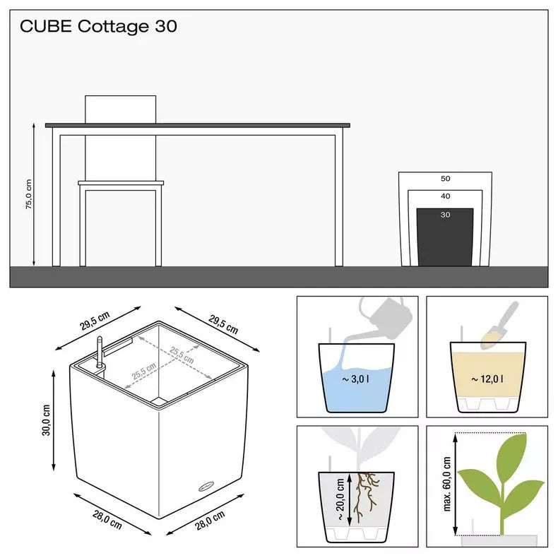 Ghiveci Auto-Irigant Lechuza Cube Cottage 30, 12 l, efect de ratan negru, pentru plante cu ghiveci, sistem de autoirigare, insert detasabil, strat de drenaj