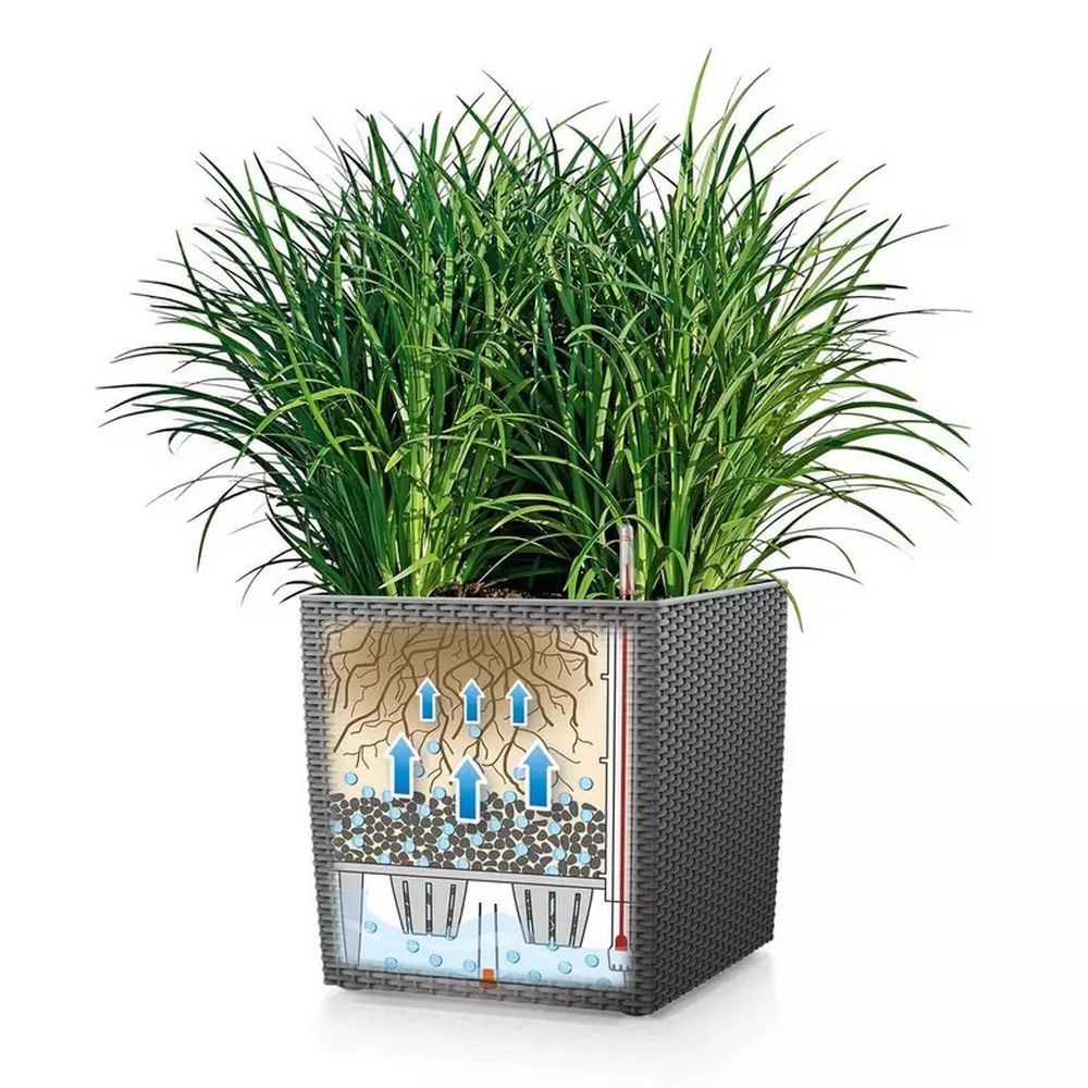Ghiveci Auto-Irigant Lechuza Cube Cottage 40, 31 l, efect de ratan alb, pentru plante cu ghiveci, sistem de autoirigare, insert detasabil, strat de drenaj