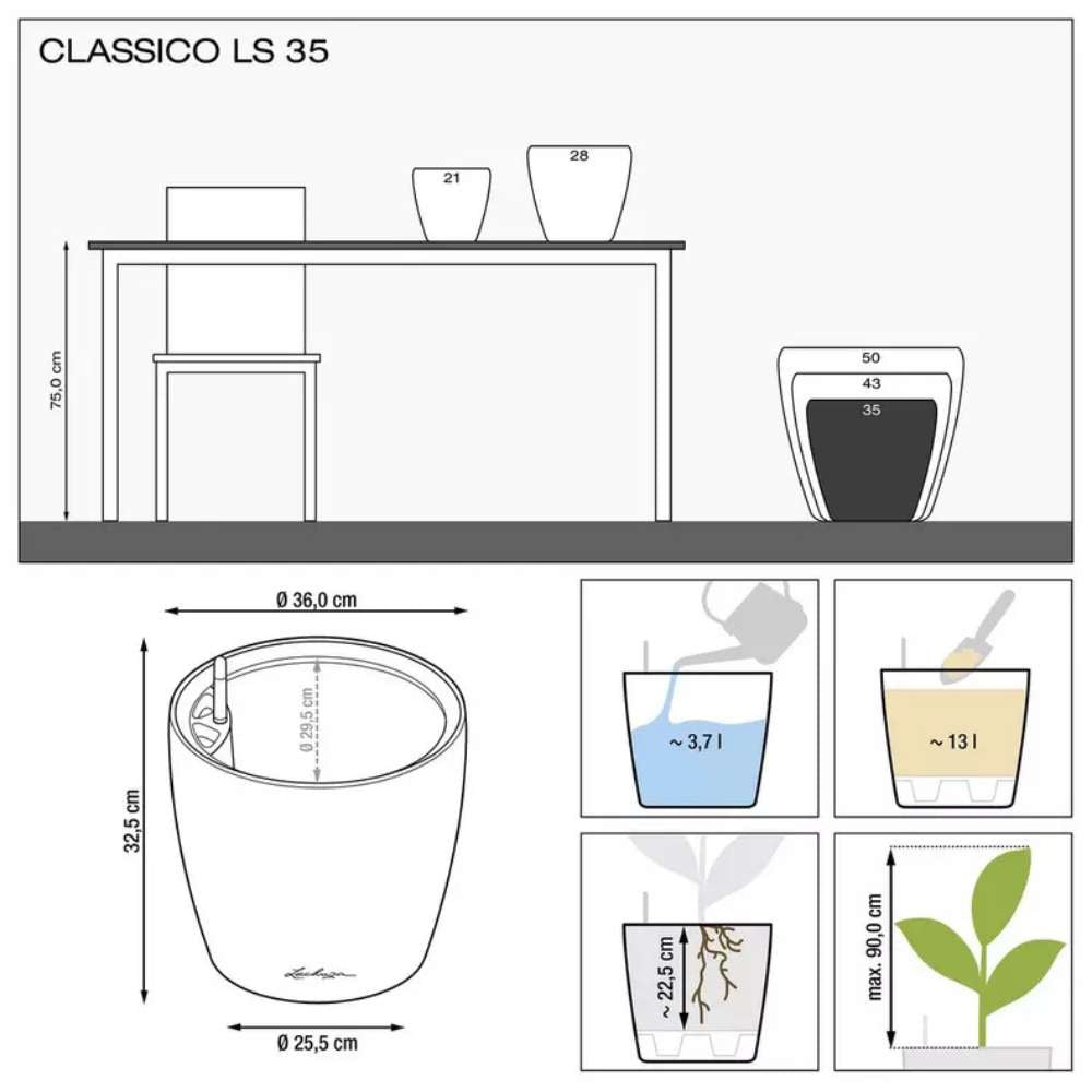 Ghiveci Auto-Irigant Lechuza Classico Premium 35 LS, 13 l, gri metalic, sistem de autoirigare, insert detasabil, strat de drenaj