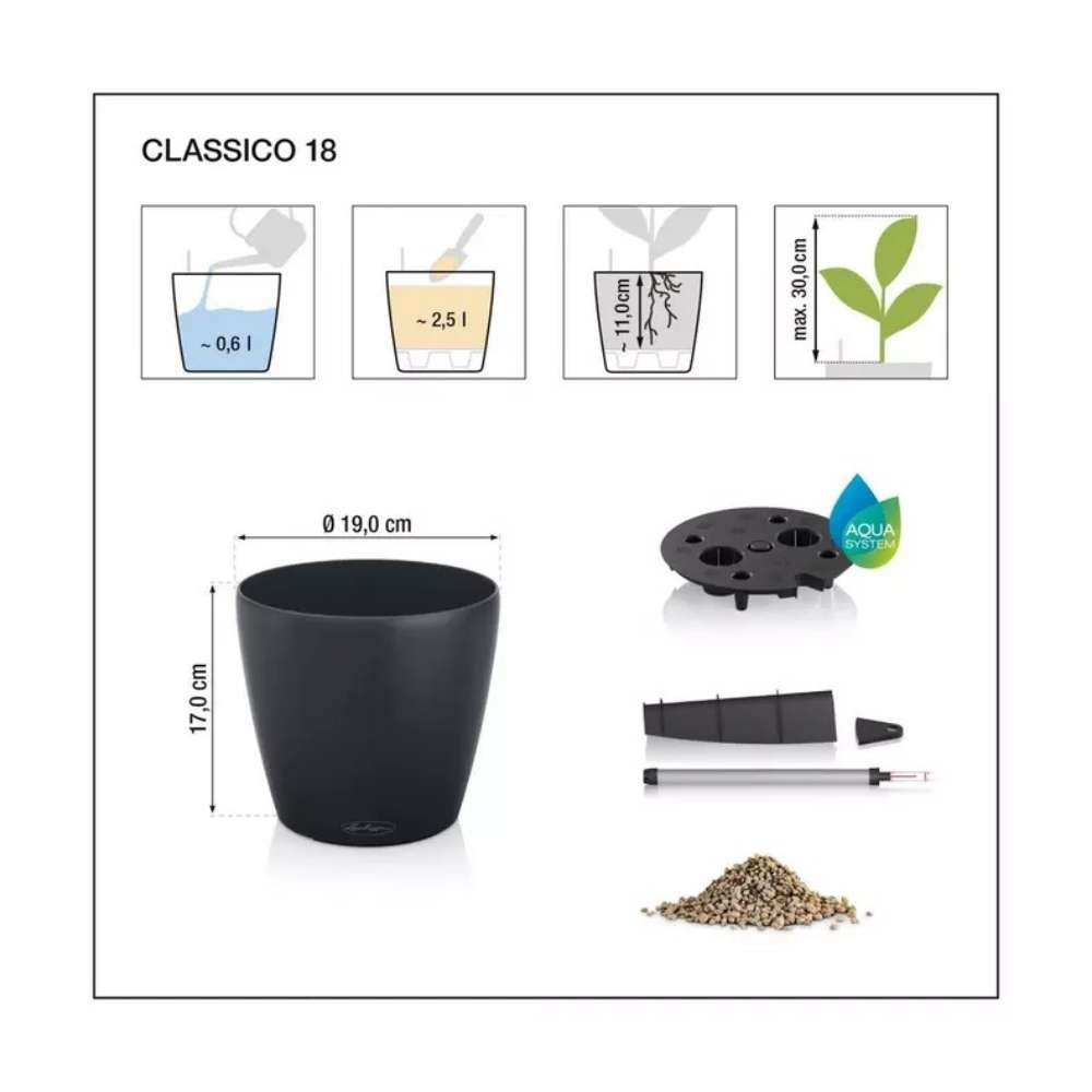 Ghiveci Auto-Irigant Lechuza Classico Color 18, 2.5 l, negru mat, sistem de autoirigare, insert detasabil, strat de drenaj