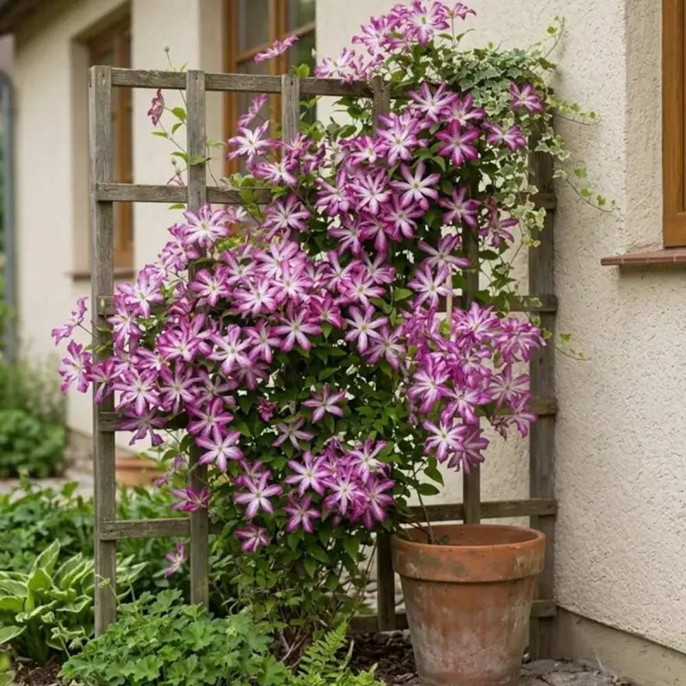 Clematis (Clematita) Glorious Surprise PBR,  cataratoare cu flori duble roz violet