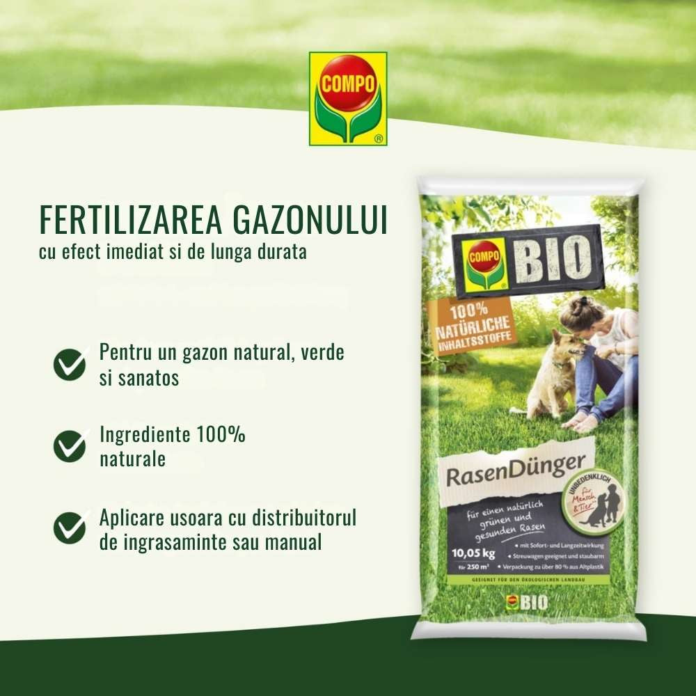 Ingrasamant Organic Granule Fine pentru Gazon, 3 kg pentru 75 mp, cu Efect Natural Instant si de Lunga Durata, COMPO