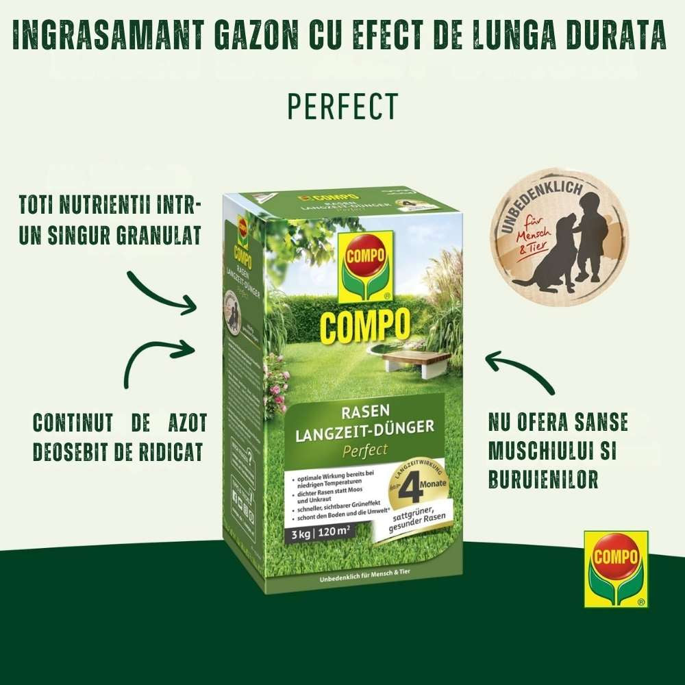 Ingrasamant gazon COMPO cu efect indelungat Perfect, NPK 22-3-10, 3 kg pentru 120 mp