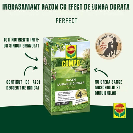 Ingrasamant gazon COMPO cu efect indelungat Perfect, NPK 22-3-10, 3 kg pentru 120 mp