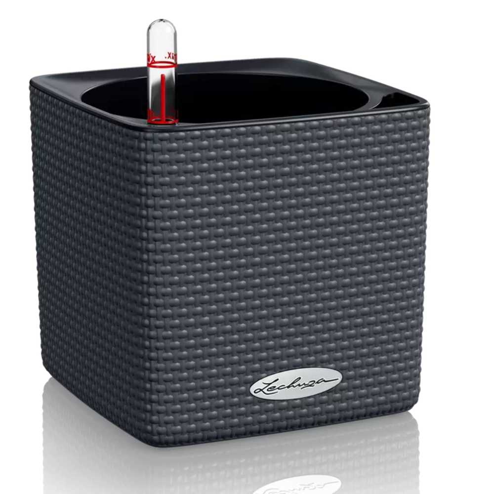 Ghiveci Auto-Irigant Lechuza Cube Color 14, efect de ratan negru, pentru plante cu ghiveci, sistem de autoirigare, insert detasabil, strat de drenaj