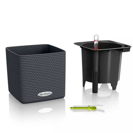 Ghiveci Auto-Irigant Lechuza Cube Color 16, efect de ratan negru, pentru plante cu ghiveci, sistem de autoirigare, insert detasabil, strat de drenaj