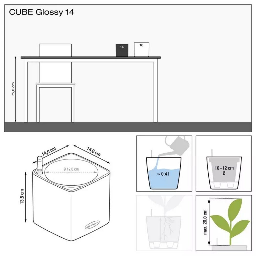 Ghiveci Auto-Irigant Lechuza Cube Glossy 14, alb lucios, pentru plante cu ghiveci, sistem de autoirigare, insert detasabil, strat de drenaj