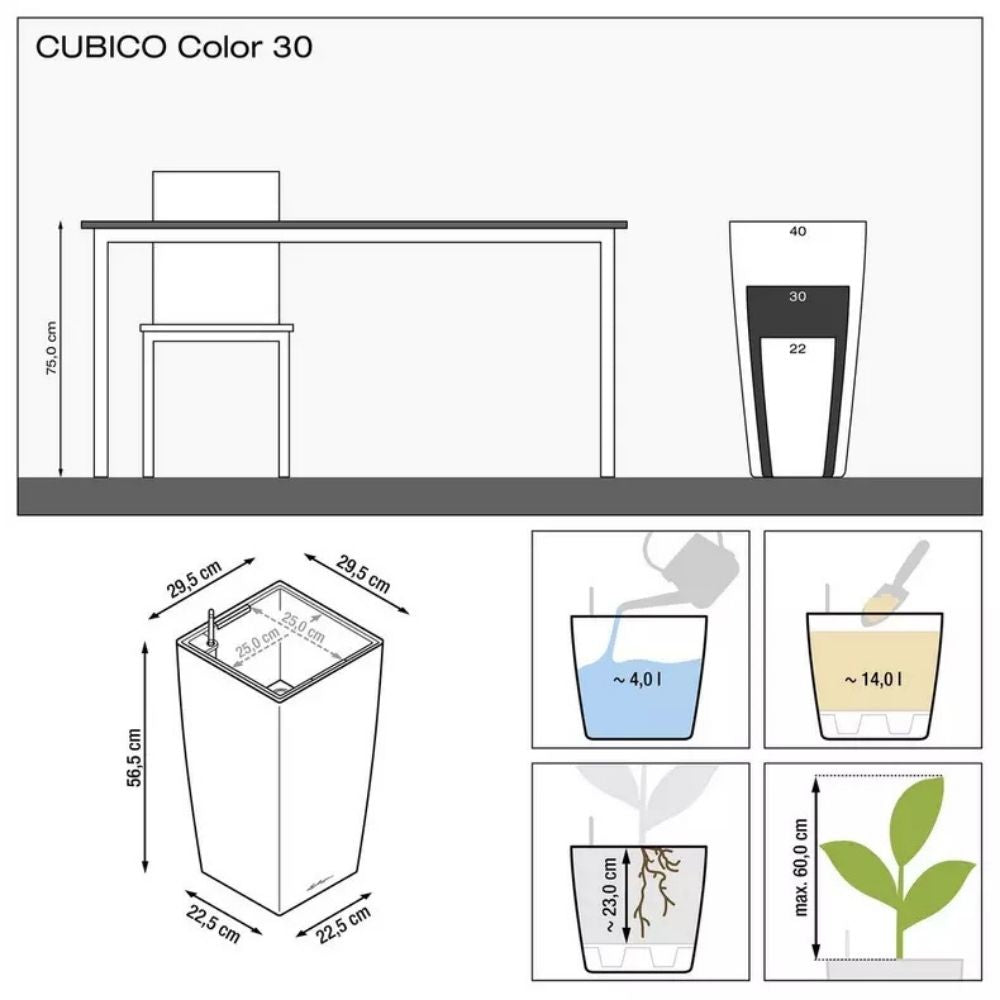 Ghiveci Auto-Irigant Lechuza Cubico Color 30, 14 l, bej mat, sistem de autoirigare, insert detasabil, strat de drenaj