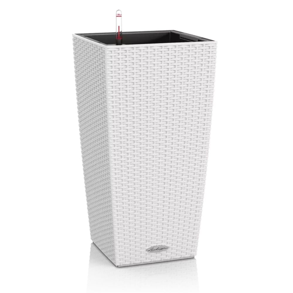 Ghiveci Auto-Irigant Lechuza Cubico Cottage 30, efect de ratan alb, pentru plante cu ghiveci, sistem de autoirigare, insert detasabil, strat de drenaj