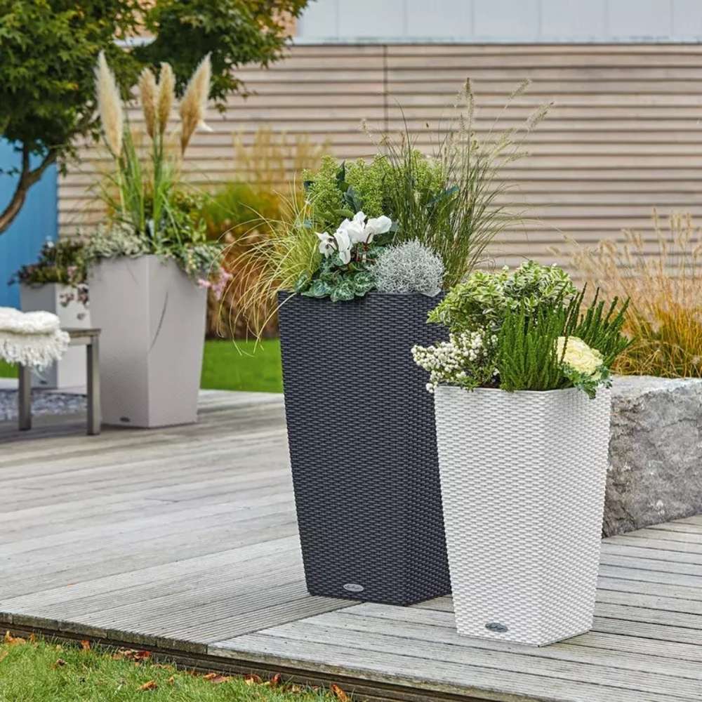 Ghiveci Auto-Irigant Lechuza Cubico Cottage 30, efect de ratan gri, pentru plante cu ghiveci, sistem de autoirigare, insert detasabil, strat de drenaj