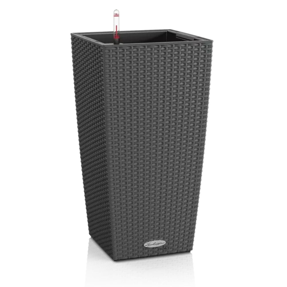 Ghiveci Auto-Irigant Lechuza Cubico Cottage 30, efect de ratan gri, pentru plante cu ghiveci, sistem de autoirigare, insert detasabil, strat de drenaj