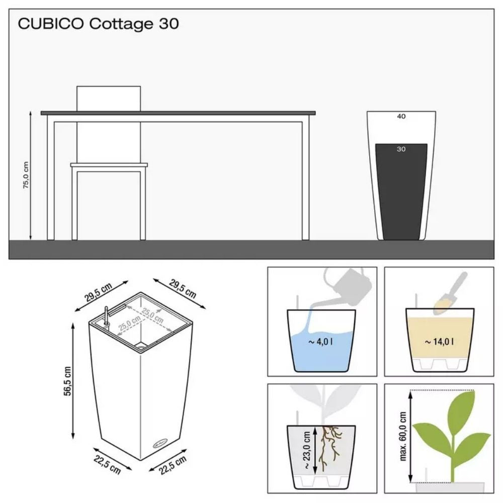 Ghiveci Auto-Irigant Lechuza Cubico Cottage 30, 14 l, efect de ratan negru, pentru plante cu ghiveci, sistem de autoirigare, insert detasabil, strat de drenaj
