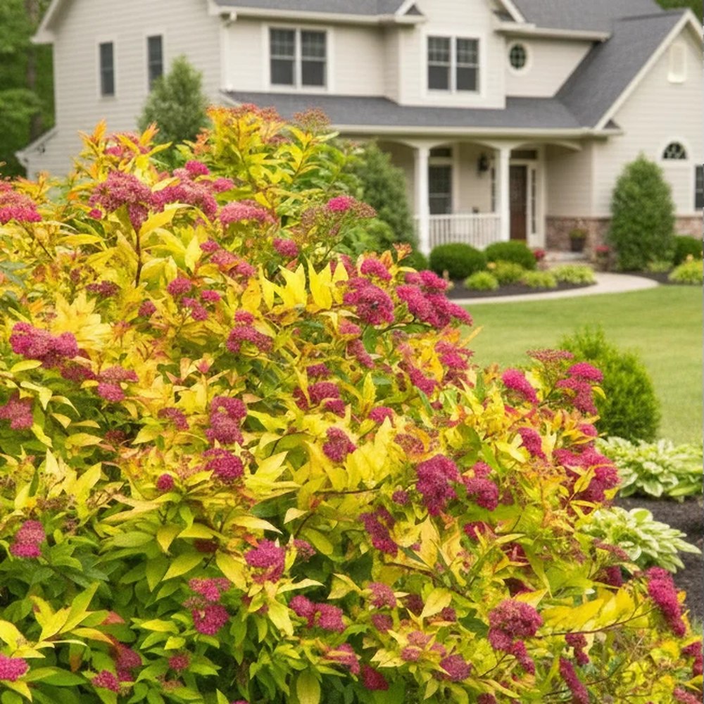 Cununita Galbena (Spiraea) Goldmound, arbust compact cu frunzis auriu si flori roz