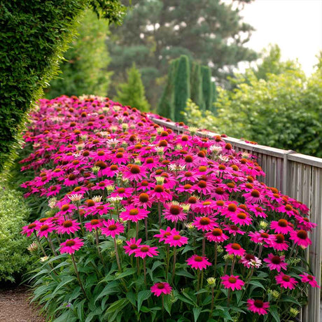 Echinacea purpurea PowWow Wild Berry, cu flori duble roz intens, planta perena rezistenta la ger, pentru soare