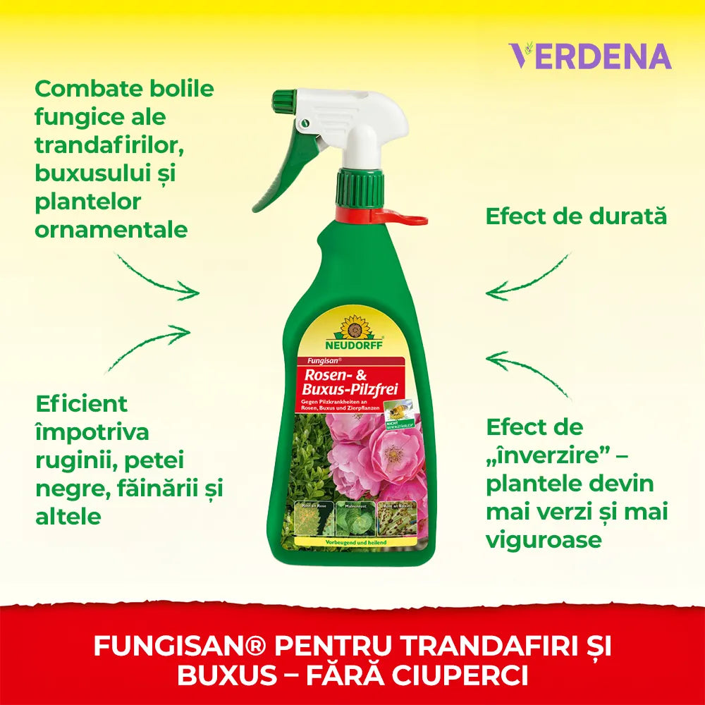 Spray Fungicid Organic Fungisan pentru trandafiri si buxus, contra boli fungice, fainare, rugina, natural si sigur pentru albine, 1L, NEUDORFF