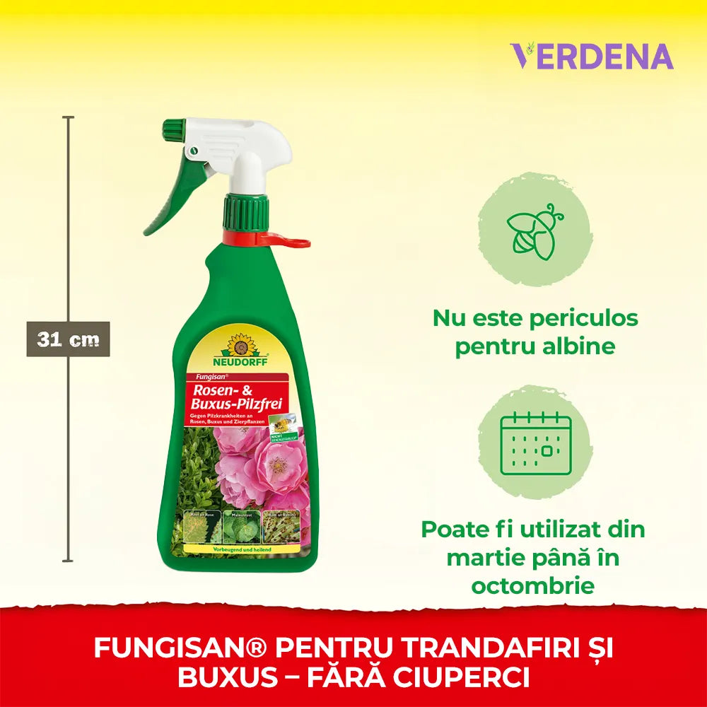 Spray Fungicid Organic Fungisan pentru trandafiri si buxus, contra boli fungice, fainare, rugina, natural si sigur pentru albine, 1L, NEUDORFF