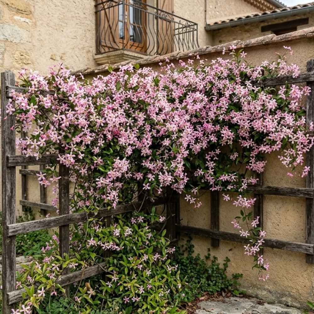 Iasomie Stelata Pink Air, planta cataratoare parfumata cu flori roz, vesnic verde, crestere rapida, rezistenta la frig