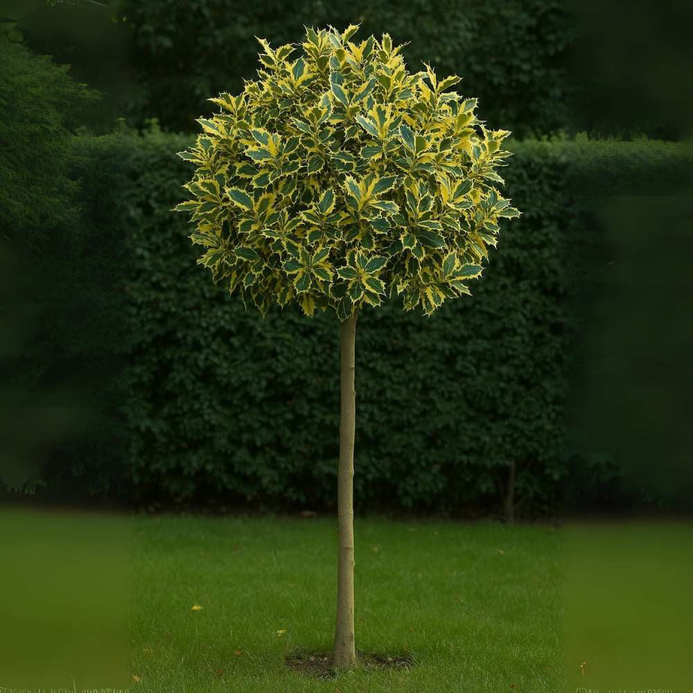 Laur Japonez (Ilex) Golden King Tip Copacel,  arbore vesnic verde, frunze pestrite aurii, fructe rosii decorative, decor de iarna