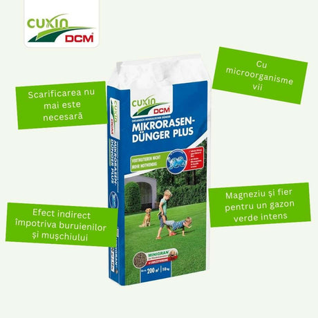 Ingrasamant Gazon Anti Muschi CUXIN, Micro Lawn Fertiliser Plus 10 kg, pentru 200 mp