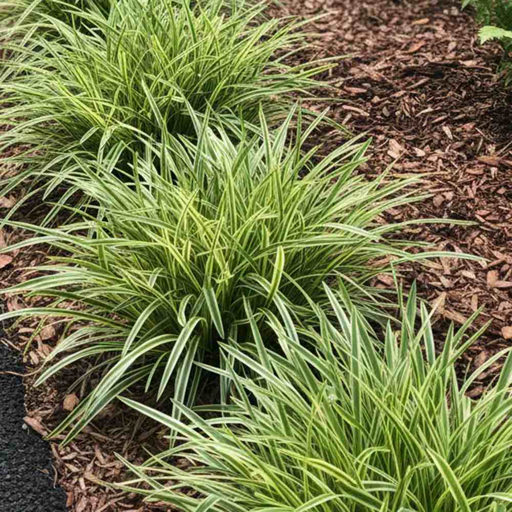 Iarba Maimutei Variegat (Liriope), acoperire sol pentru umbra, frunzis pestrit, flori mov toamna