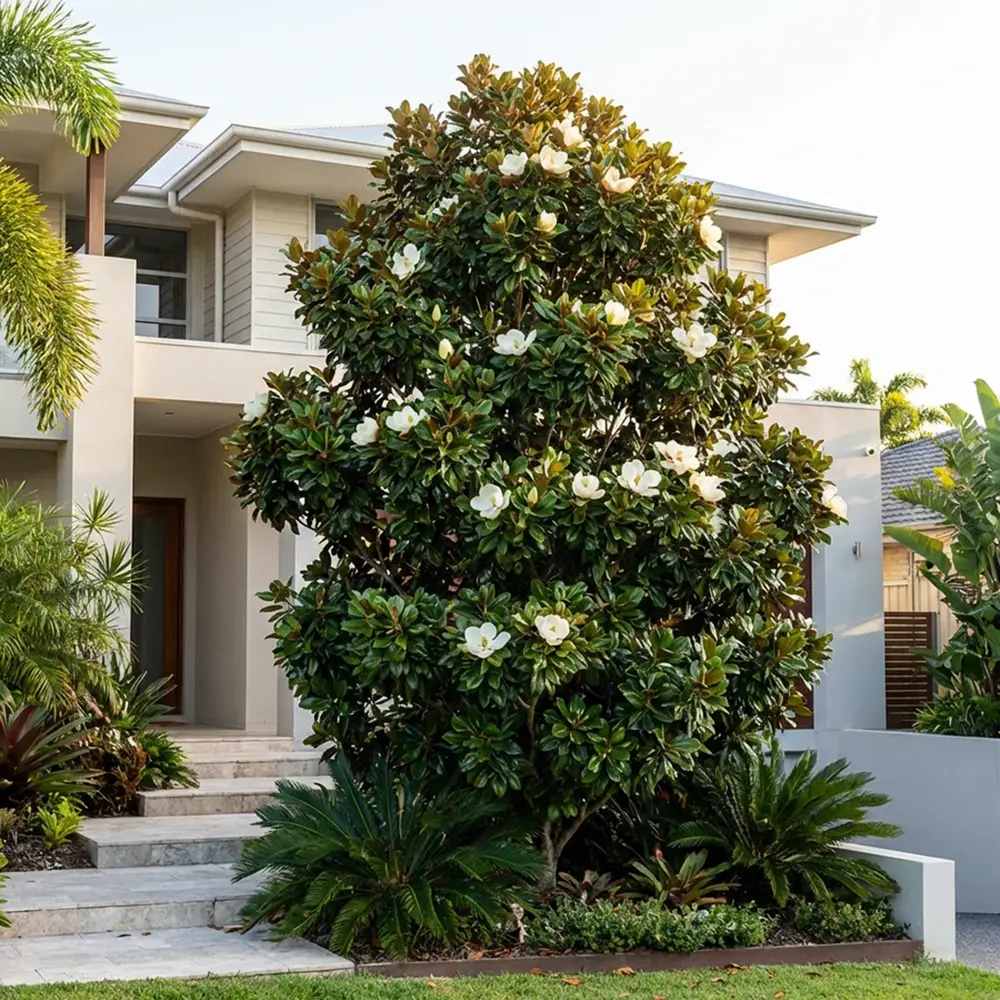 Magnolia grandiflora Purpan, vesnic verde cu flori albe mari parfumate si frunzis lucios, arbore ornamental pentru gradini protejate