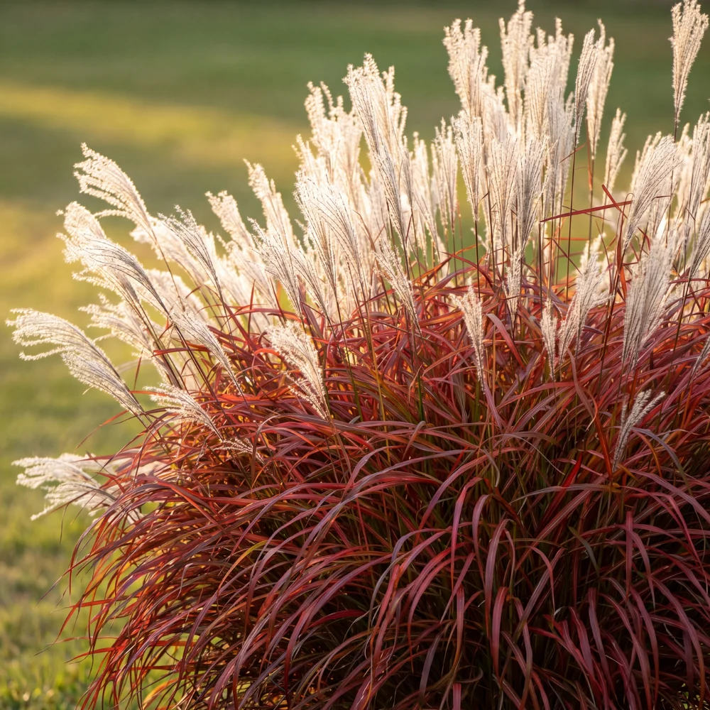 Iarba elefantului (Miscanthus) Lady in Red, frunzis rosie ornamentala toamna, spice florare