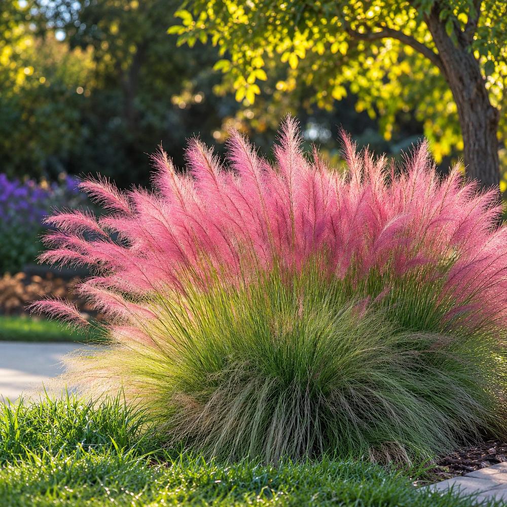 Iarba Decorativa roz-purpuriu Texas (Muhlenbergia Capillaris), iarba cu flori roz spectaculoase, perena, tolereaza seceta