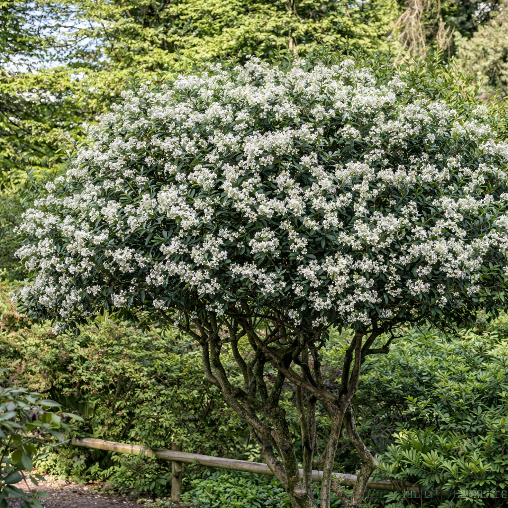 Ilex Fals Japonez Osmanthus Aquifolium, arbust vesnic verde cu flori albe foarte parfumate, cu frunzis dens si lucios, rezistent, ideal pentru garduri vii sau ca planta solitara