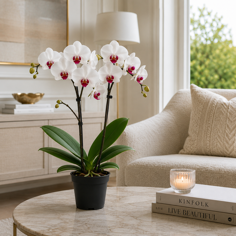 Orhidee (Phalaenopsis) Elegant Cascade White, 45 cm, planta de interior, flori albe si centru rosu