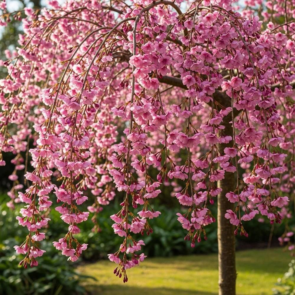 Copac Sakura, Cires Japonez plangator (Pendula Rubra), cu flori roz, coroana cascata, ingrijire minima