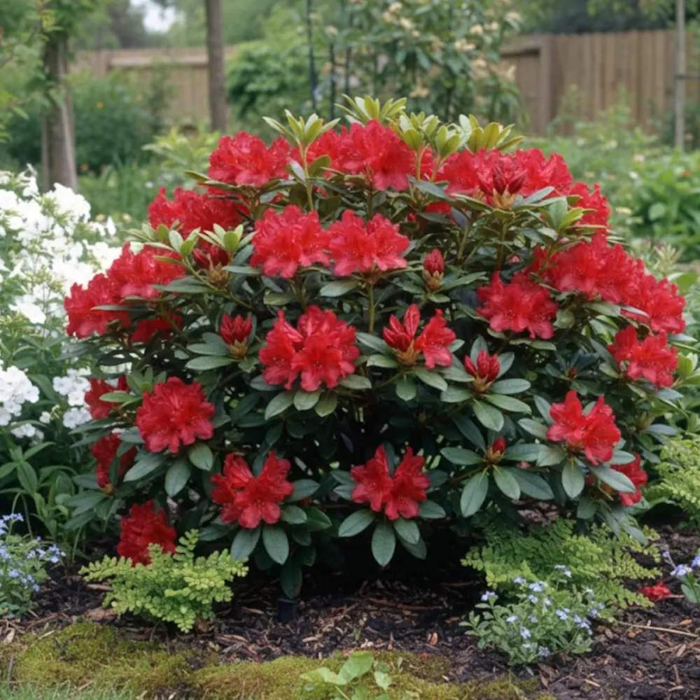 Azaleea Japoneza (Rhododendron) Baden Baden, cu flori rosu intens mari, arbust vesnic verde pentru gradini acide si semiumbra