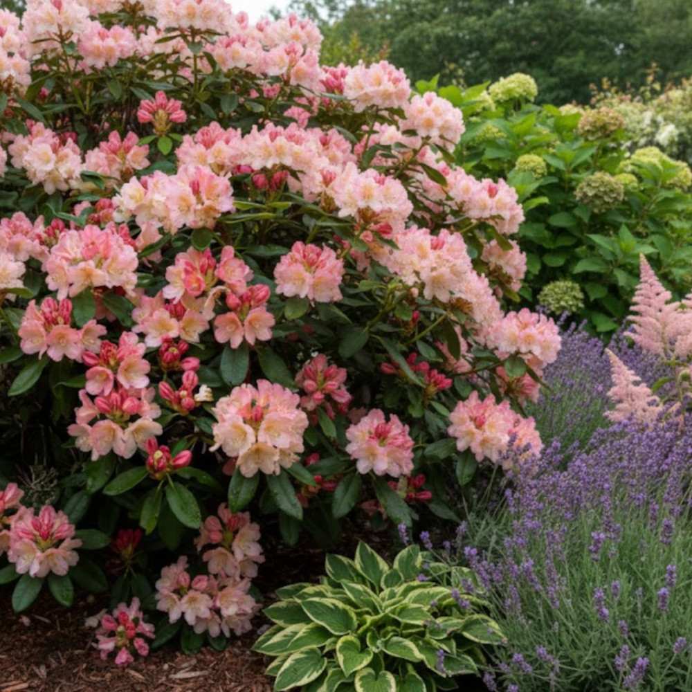 Azaleea Japoneza (Rhododendron) Percy Wiseman, arbust compact cu flori roz somon schimbatoare, vesnic verde pentru sol acid si semiumbra