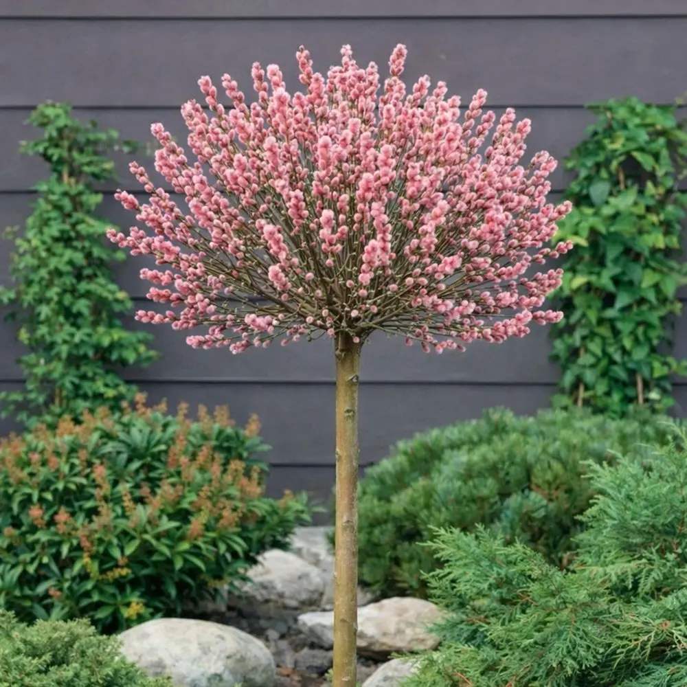 Salcie Pitica Copacel Japoneza Mount Aso, cu matisori roz-somon, arbust ornamental compact, rezistent la ger