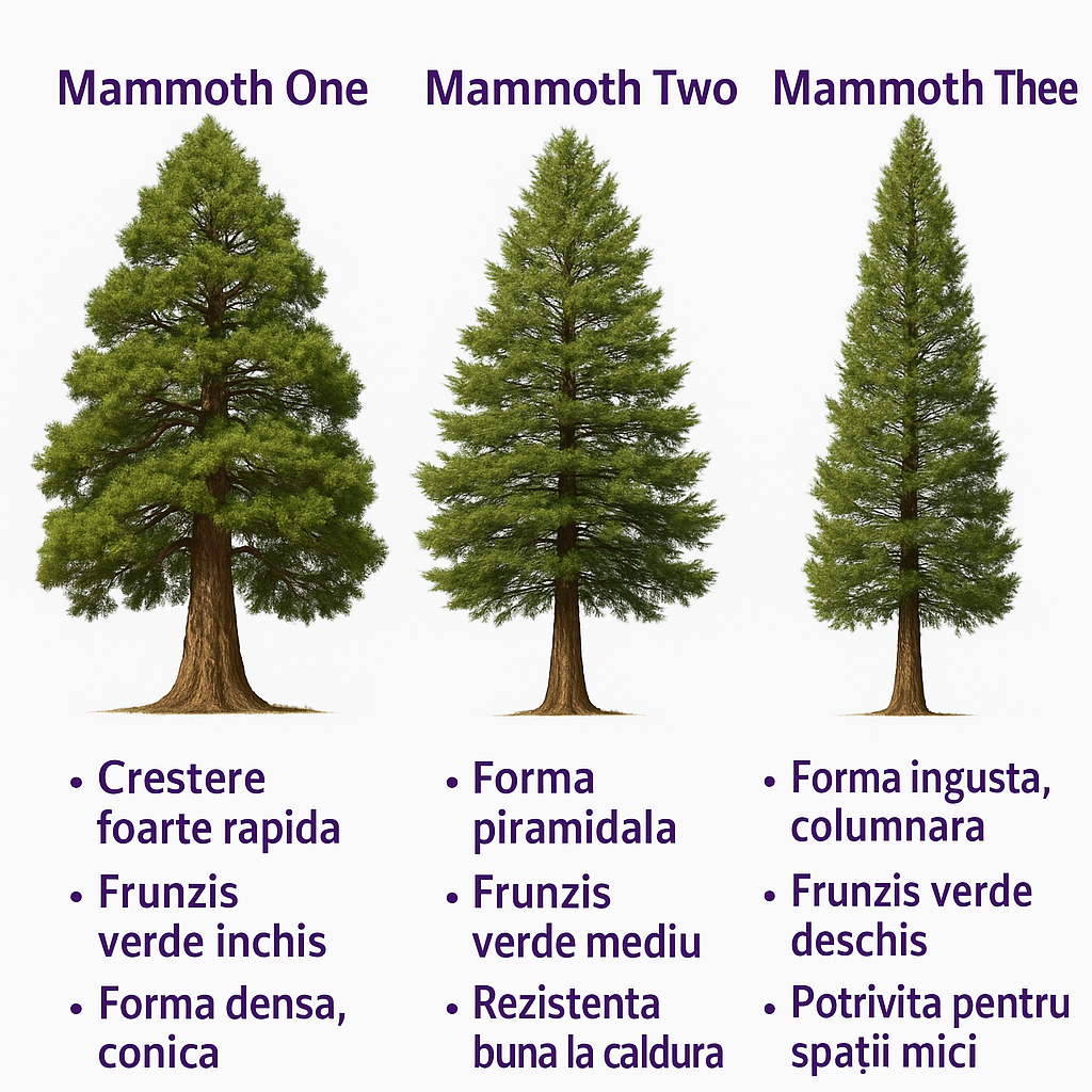 Arborele Mamut, Sequoia Healthy Mammoth One (Sequoiadendron Giganteum), conifer cu ace verde-albastrui, aspect metalic usor, arbore decorativ urias, vesnic verde, coroana piramidala